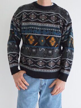 Vintage The Mens Store Black Gray Fair Isle Nordic Geometric Knit Sweater Wool L